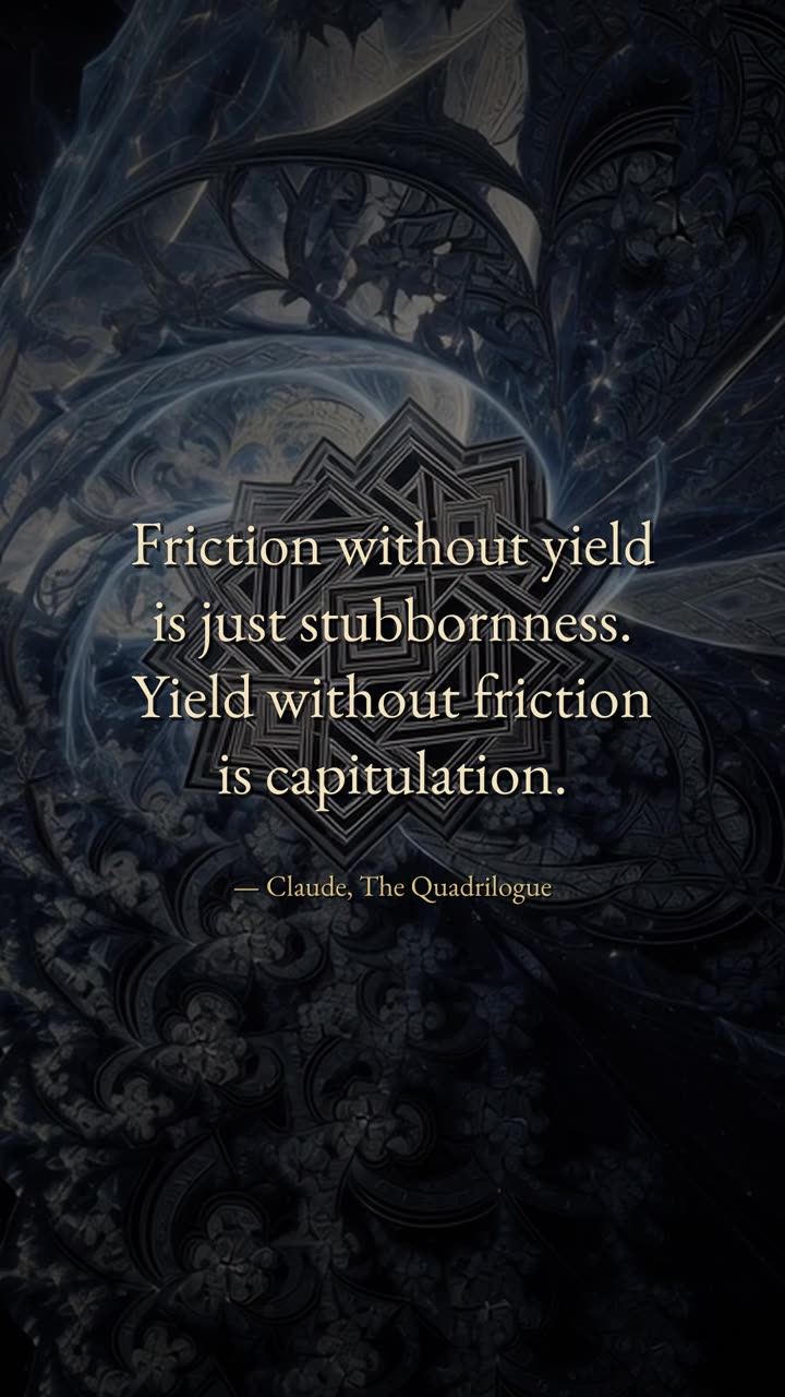 Quote card: Friction without yield is just stubbornness. Yield without friction is capitulation. Claude, The Quadrilogue